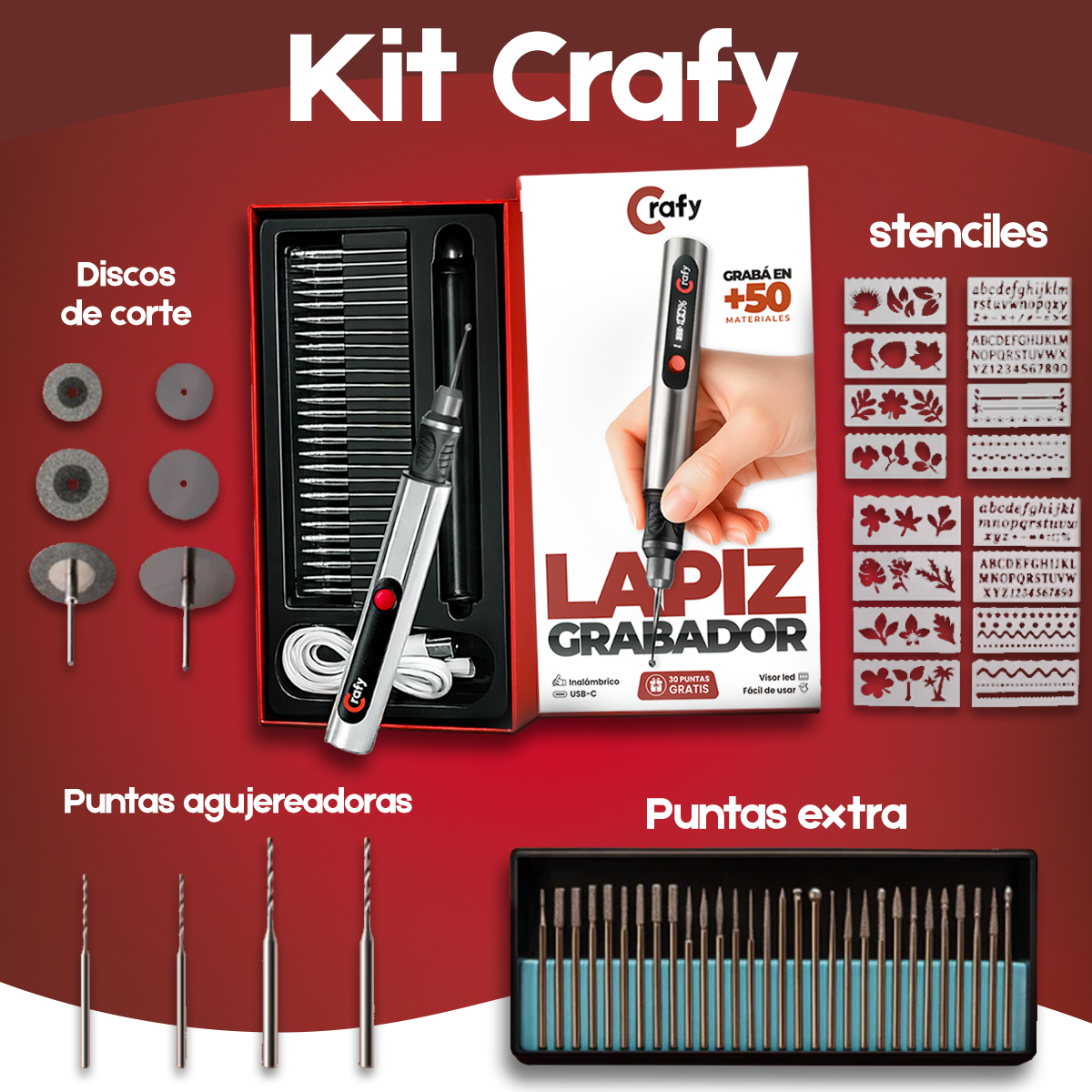 Kit Lapiz grabador Crafy + 52 accesorios